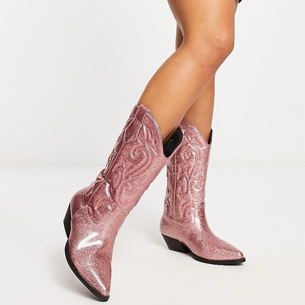 ASOS wide width Pink Glitter Western Boots